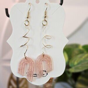 Handcrafted- One of a kind, Pink Resin Dangle Arches with Gold Curled wire